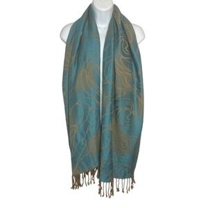 100% Cashmere Womans Blue Tan Fringed Scarf Quite Luxury‎ Artsy Winter Classic